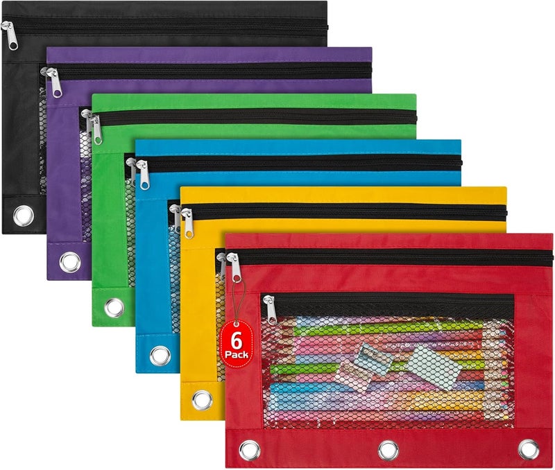 IKAYAS 6 Pack Pencil Pouch for 3 Ring Binder, Pencil Bags for Classroom Bulk Pencil Pouch Box Pencil Case for Storing School Teacher Supplies, 6 Colors - Image 1